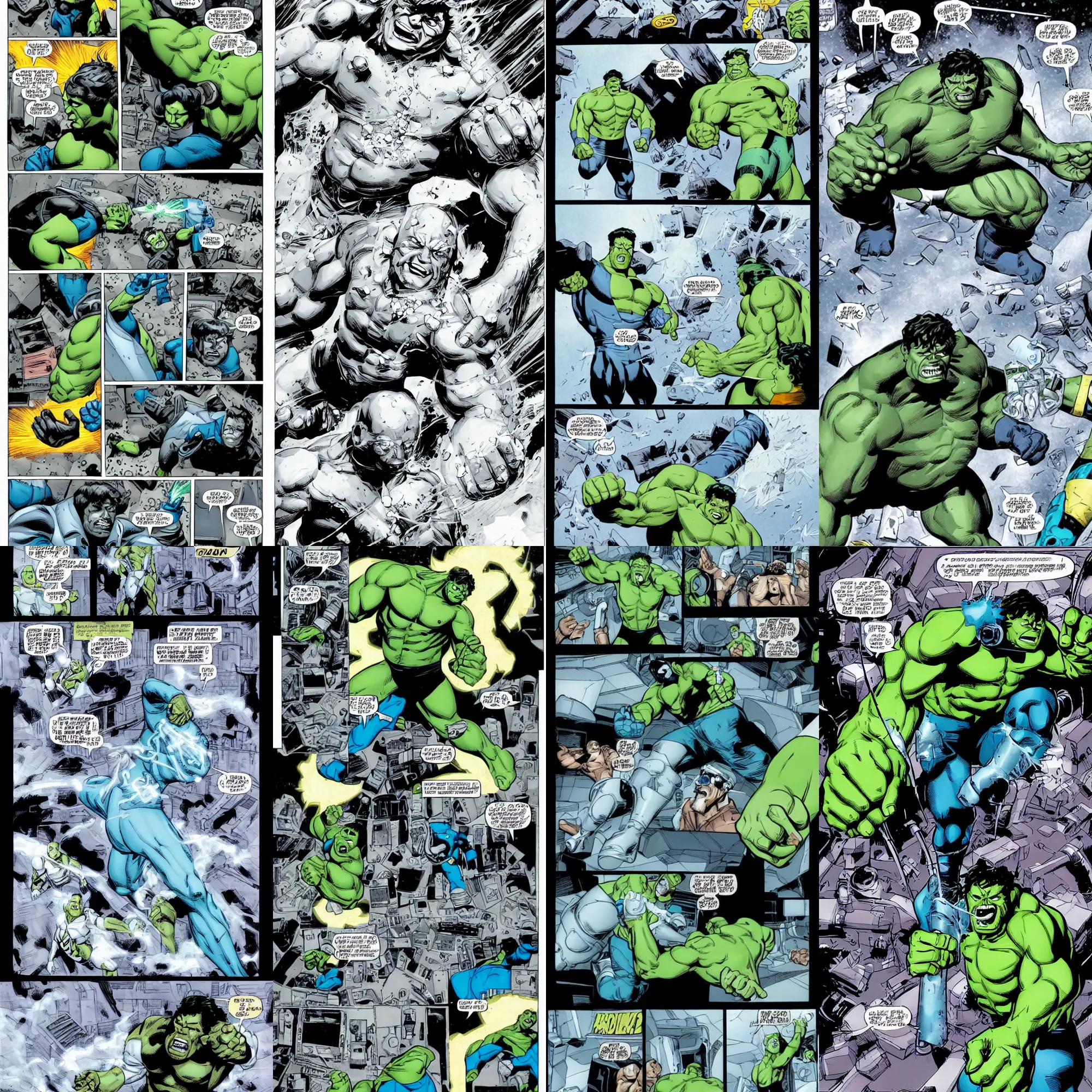 Prompt: The Incredible Hulk fights Mr. Freeze, comic book panels, Marvel, DC, epic, Marvel,