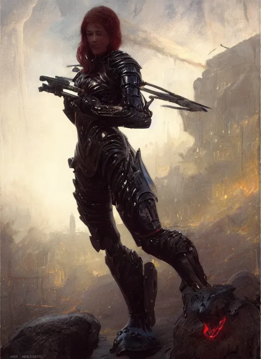 Image similar to red short haired muscular woman wearing basic black armour, detailed by gaston bussiere, bayard wu, greg rutkowski, giger, maxim verehin, greg rutkowski, masterpiece, sharp focus, cinematic lightning