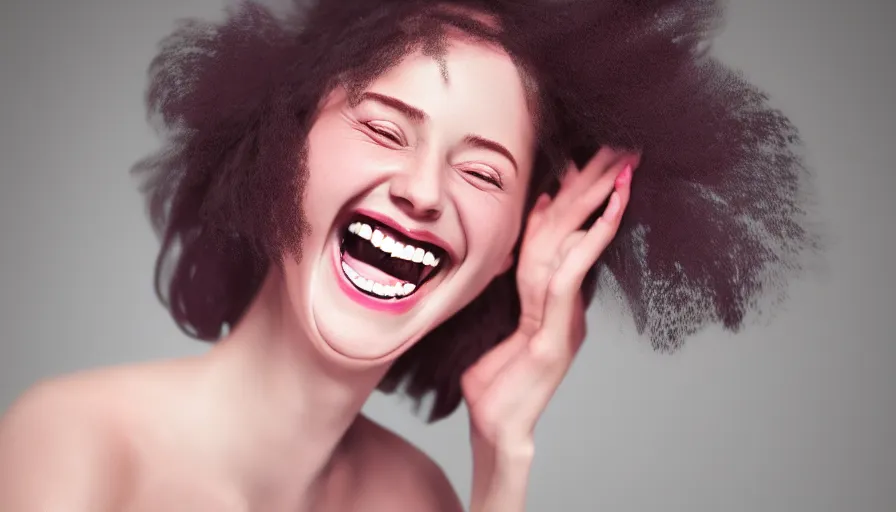 Image similar to portrait of a beatuiful jolly laughing woman with nice features, fantasy, kind vibe, looking into the camera, studio photography, studio lighting, realistic render, octane render, 4 k, 8 k, face in focus