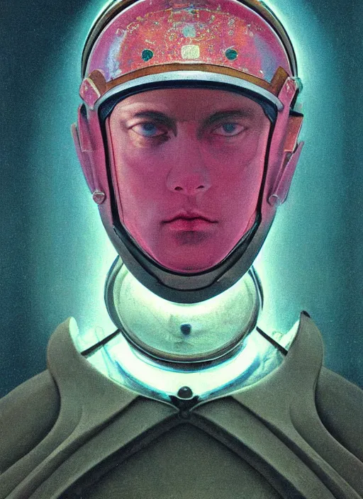 Image similar to beautiful extreme closeup portrait photo in style of frontiers in helmet Helmets of Emperor Charles V the Wise, faint iridescent sheen , science fashion magazine September retrofuturism edition, highly detailed, soft lighting, elegant , lighting, 35mm , Edward Hopper and James Gilleard, Zdzislaw Beksinski, Steven Outram, highly detailed