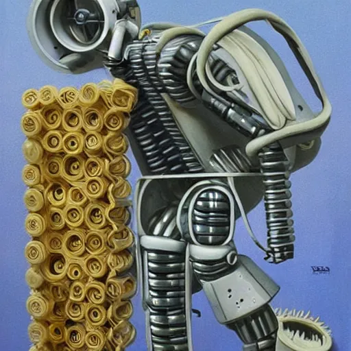 Image similar to a highly detailed retro futuristic robot with gears and other mechanical parts made out of pasta going for a walk outside, a robot made out of pasta, painting by Jim Burns