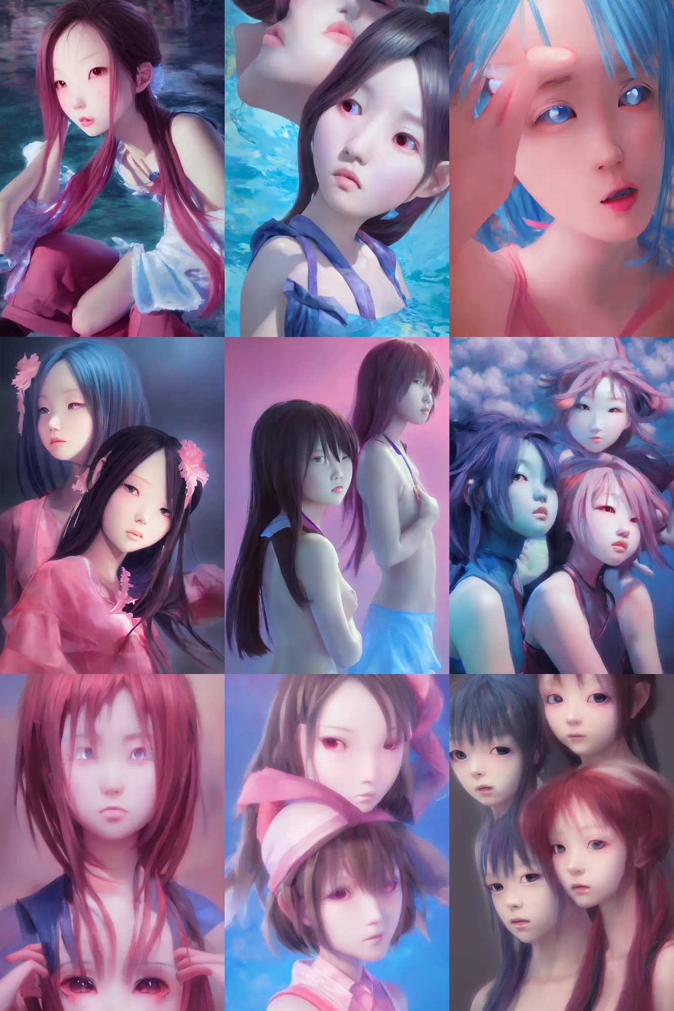 Image similar to 3d dark infrared octane render concept art by D. Jun, by Mo Xiang Tong Xiu, by Igarashi Daisuke, beauty portrait anime schoolgirls under dark pink and blue water. cute face. dramatic light, trending on artstation, oil painting.