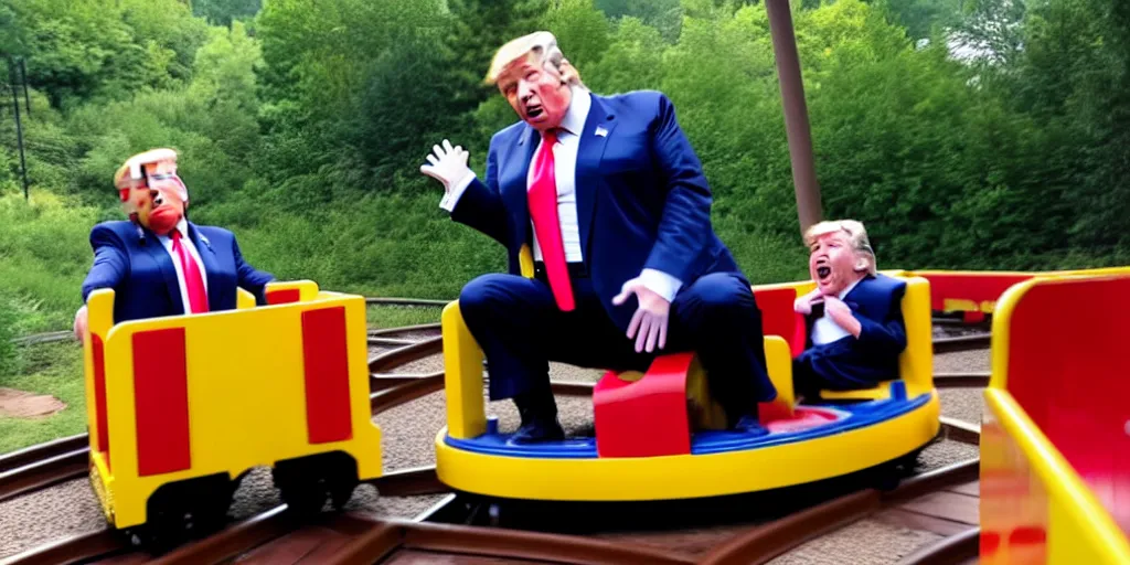 Image similar to a photo of Donald Trump falling off of a kiddy train, crying, taken in Silver Dollar City