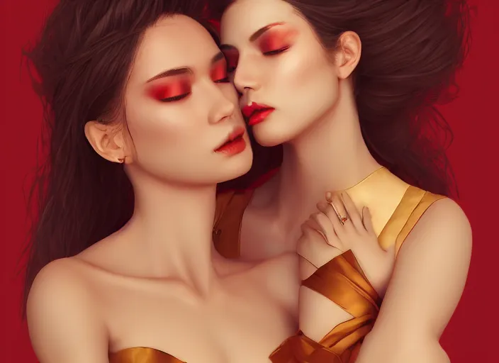Image similar to woman love woman, sweet hugs, gold trim, atmoshperic, elegant, sharp focus, sand sea, red sun, huge lips, by knight zhang, queen of pain. trending on artstation, intricate details