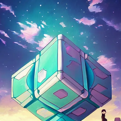 Image similar to beautiful detailed painting of companion - cube!!!!!!!!, anime, studio ghibli, makoto shinkai, rhads, radiant light, 4 k