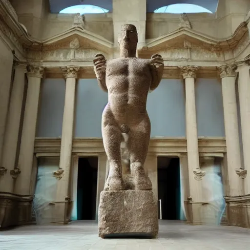 Image similar to futuristic ancient creature arrived through a portal, ancient statue in museum