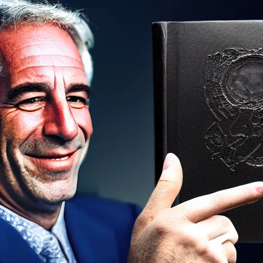 Image similar to Jeffery Epstein laughing with black book, in private jet background, colorful 16k hyper realistic digital art