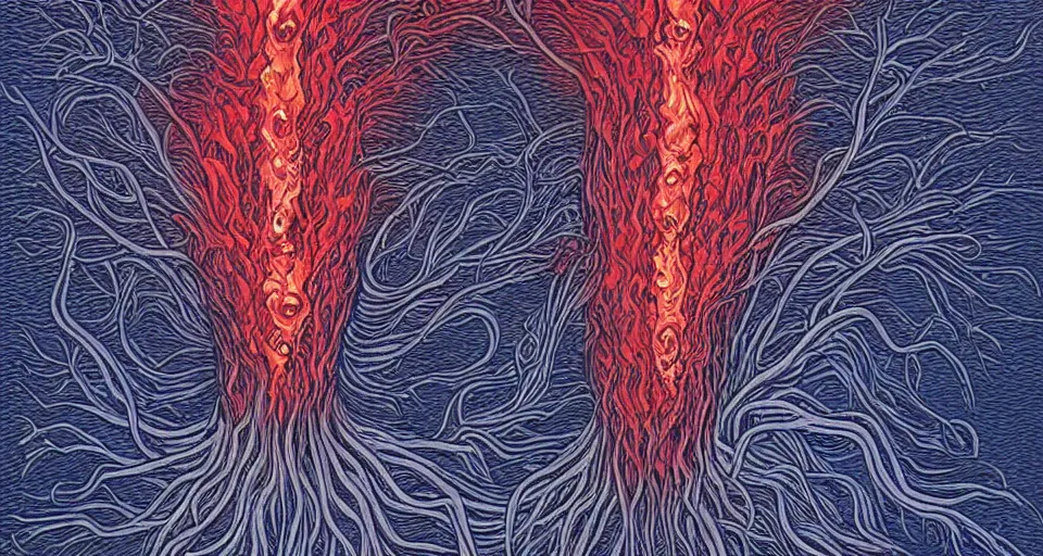 Image similar to a volcano made of ivory vines and crimson rocks enters in eruption, it spits a smoke in the shape of demonic eye, by Alex Grey ,