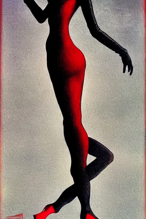 Image similar to dreamy girl character with perfect body in a nice black leather suit and red lips, very artistic pose, background in blurred, perfect lighting. professional design, intricate complexity, by dan mumford and by alberto giacometti, peter lindbergh, malevich, william stout