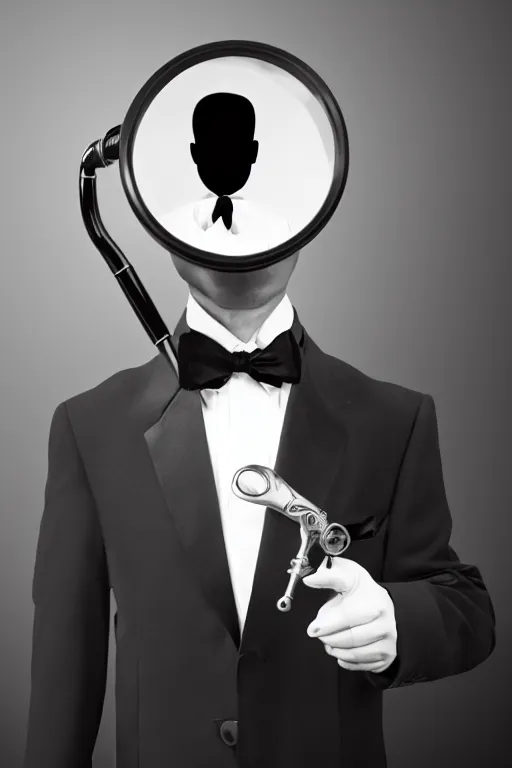 Prompt: a tuxedo with a magnifying glass as a head, portrait, vintage, cyber noir,