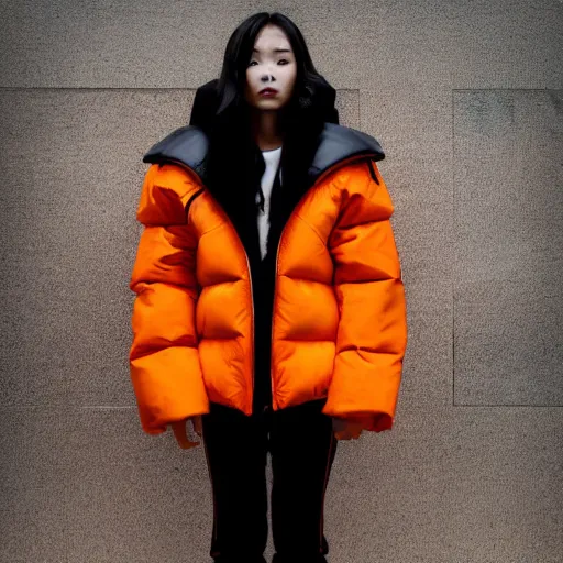 Image similar to black and white extremely beautiful photograph of a woman wearing an oversized orange puffer jacket in the style of dingyun zhang, yeezy, kanye west, balenciaga, vetements