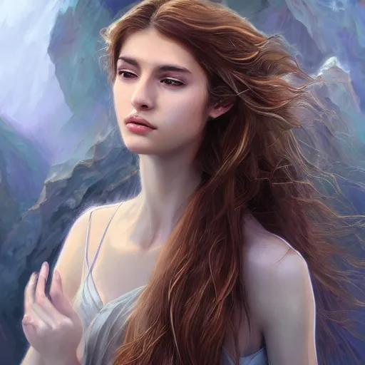 Image similar to centered front face portrait of an attractive young female earth angel, beautiful long brown hair, rocks and stones, intricate, highly detailed, elegant, digital painting, trending on artstation