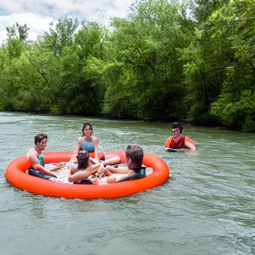 Image similar to a group of 4 people on 4 separate inner tubes floating on a river eating copious amounts of food