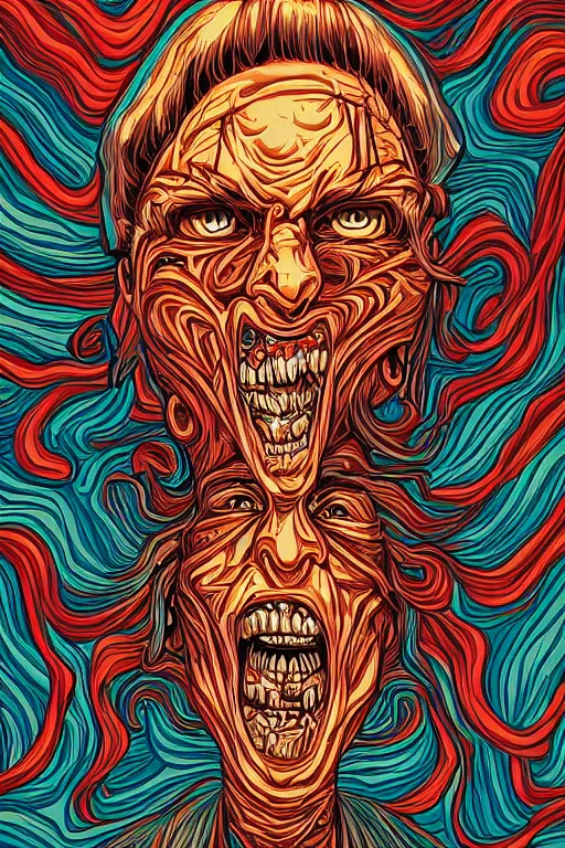 Prompt: twisting faces full of pain pleasure fear love joy and agony, by dan mumford