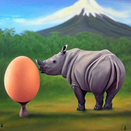Prompt: oil on canvas of, rhinoceros hatching an egg in hawaii