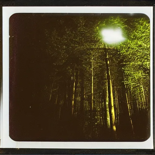 Prompt: a ufo flying over a forest at night, ufo!!!, old polaroid,