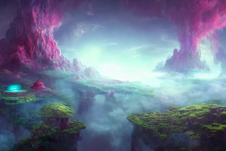 Prompt: a psychedelic realm in an alternate dimension at the edge of all known existence made out of clouds, in the style of wlop, illustration, epic, fantasy, hyper detailed, smooth, unreal engine 5, sharp focus, ray tracing