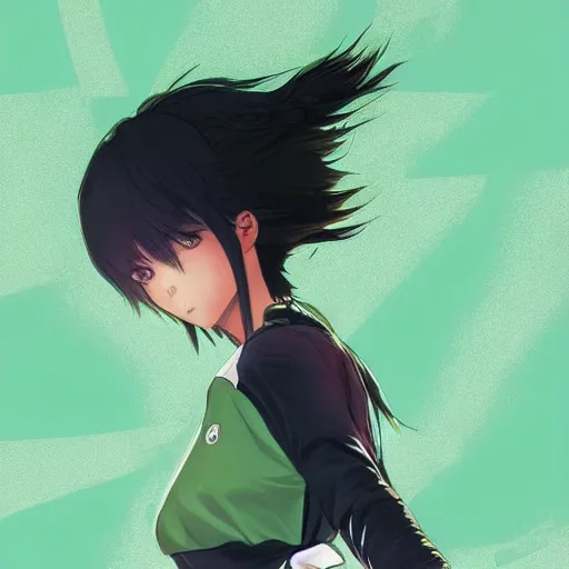 Prompt: shirt art, frame around picture, manga style, realistic lighting, futuristic solid colors, made by ilya kuvshinov, sold on sukebannyc, from arknights, female beach volley player, elegant, round eyes, sport clothing, sneaker shoes, simple green background