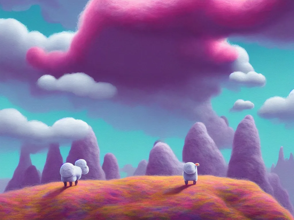 Image similar to A Mumintroll character in shape of wool felting amazing clouds, illustration by Beeple, book cover, colorful background with mountains and endless brutalism buildings, 8k resolution, ultra detailed, matte painting, tarot card style, character design, watercolor detailed art