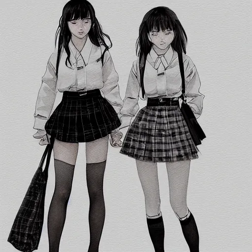 Image similar to a perfect, realistic professional digital sketch of two Japanese schoolgirls posing, in style of Marvel, full length, by pen and watercolor, by a professional American senior artist on ArtStation, a high-quality hollywood-style sketch, on high-quality paper