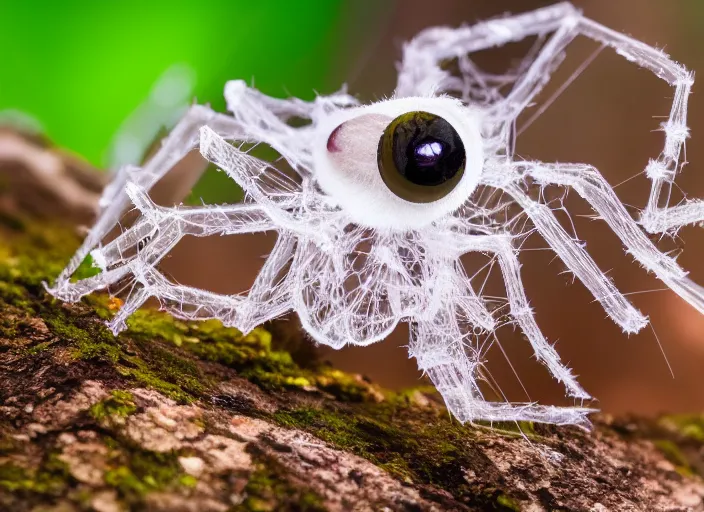 Prompt: super macro of a clear crystal spider with big eyes sitting on a flower, in the forest. fantasy magic style. highly detailed 8 k. intricate. nikon d 8 5 0 3 0 0 mm. award winning photography.