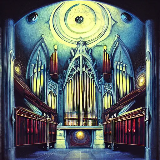 Image similar to pipe organ space opera album cover, style of alan lee, john howe, dramatic lighting, detailed, gothic, ornate, fisheye, tilt shift, bizarre