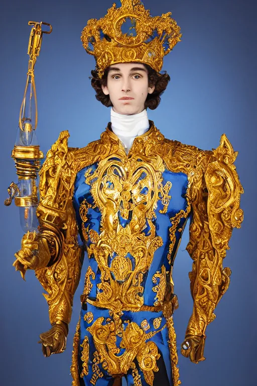 Prompt: full-body sculpture of a young handsome Spanish prince as a half android with a glowing blue battery in his chest, white laser beam coming out of his eyes, crown of giant diamonds, flowing neon-colored silk, fabric, raptors, in a cyperbunk and baroque style. baroque elements. full-length view. baroque element. intricate artwork by caravaggio mechanical roses. Trending on artstation, octane render, cinematic lighting from the right, hyper realism, octane render, 8k, depth of field, 3D
