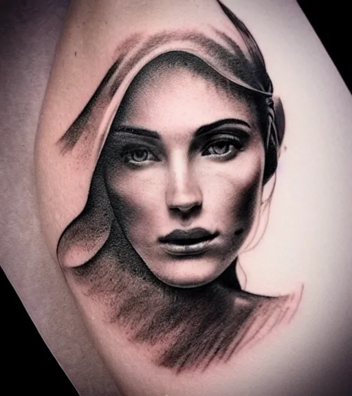 Image similar to tattoo design sketch of a beautiful woman face with an amazing mountain scenery on her side, hyper - realistic, double exposure, in the style of matteo pasqualin, amazing detail, black and white, faded