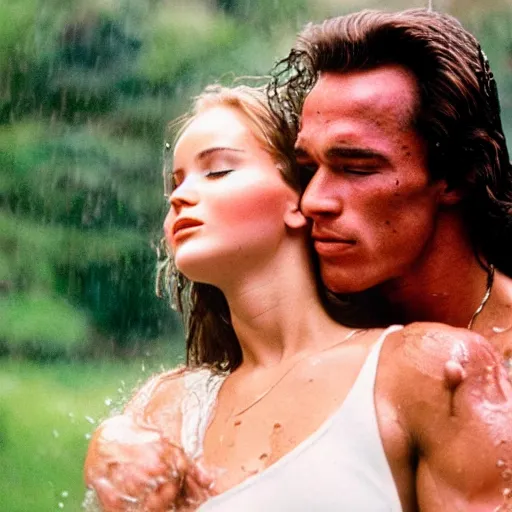 Prompt: portrait shot of young arnold schwarzenegger holding tight in love dancing in the rain with jennifer lawrence beautiful white wet dress, 5 0 mm kodak, beautiful light, best lense, 9 0 s romantic comedy, 4 k