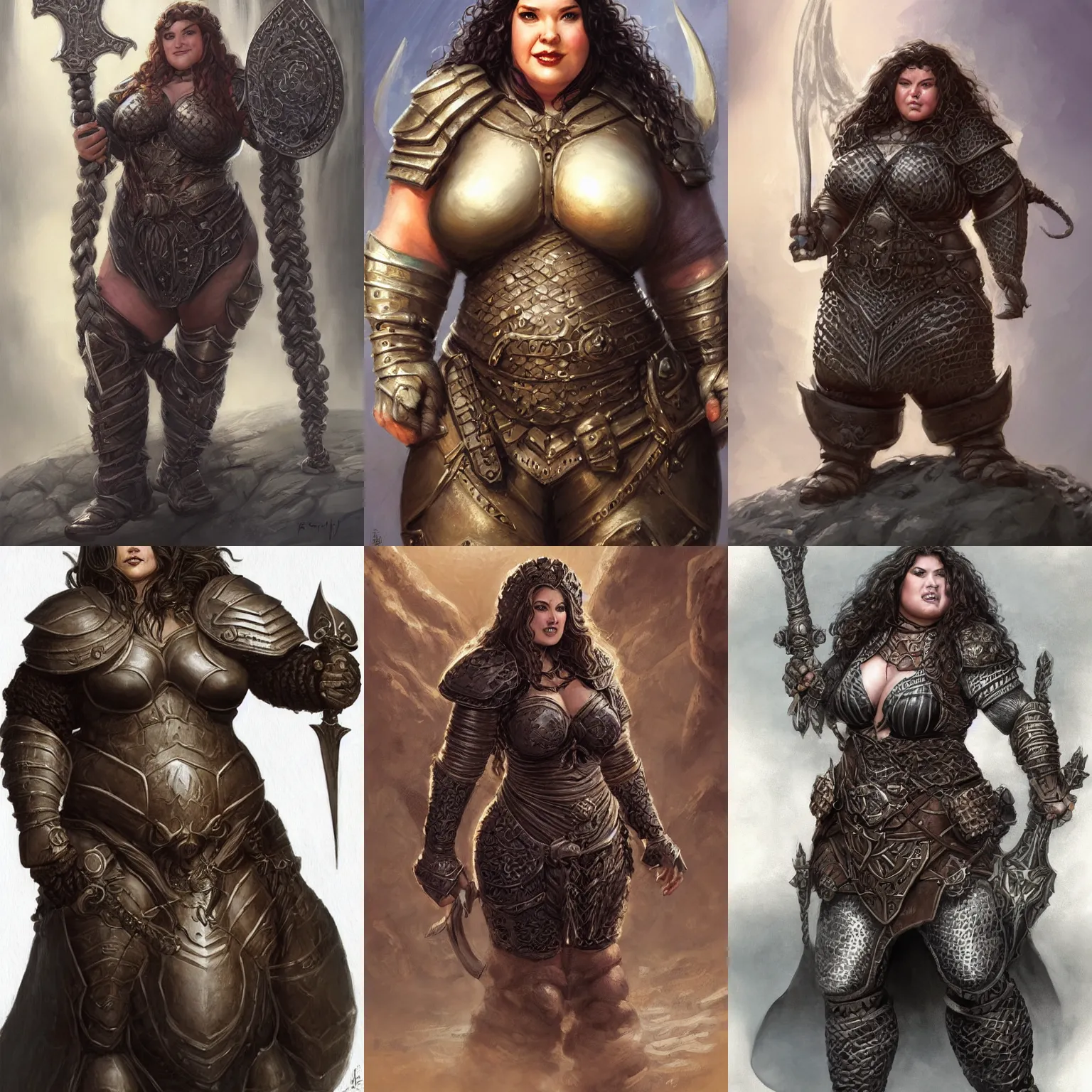 Prompt: fat female dwarven woman smirking wearing tight black leather armor | complex elaborated long curly braided hair | big nose | beautiful plump body | intricate, highly detailed, digital painting, artstation, concept art, dungeons and dragons , art by jeff easley and ralph horsley