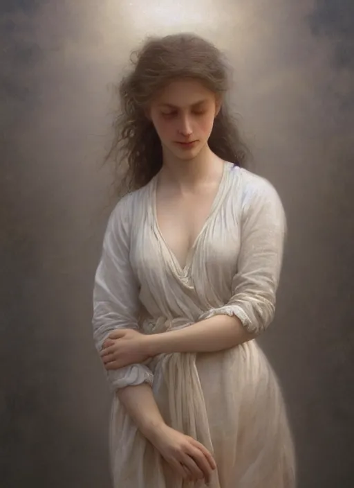 Image similar to oil painting close up portrait of a contemplative young norwegian woman with very long dark flowing hair in a dress made of white roses!! at sunset, hazy, digital art, chiaroscuro, artstation, cinematic, golden hour, digital art painting by greg rutkowski, william - adolphe bouguereau, hazy atmosphere, cinematic lighting