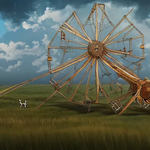 Image similar to a strandbeest in the middle of a field. landscape, concept art, in the style of wlop, rossdraws, ghibli, digital art, artstation trending