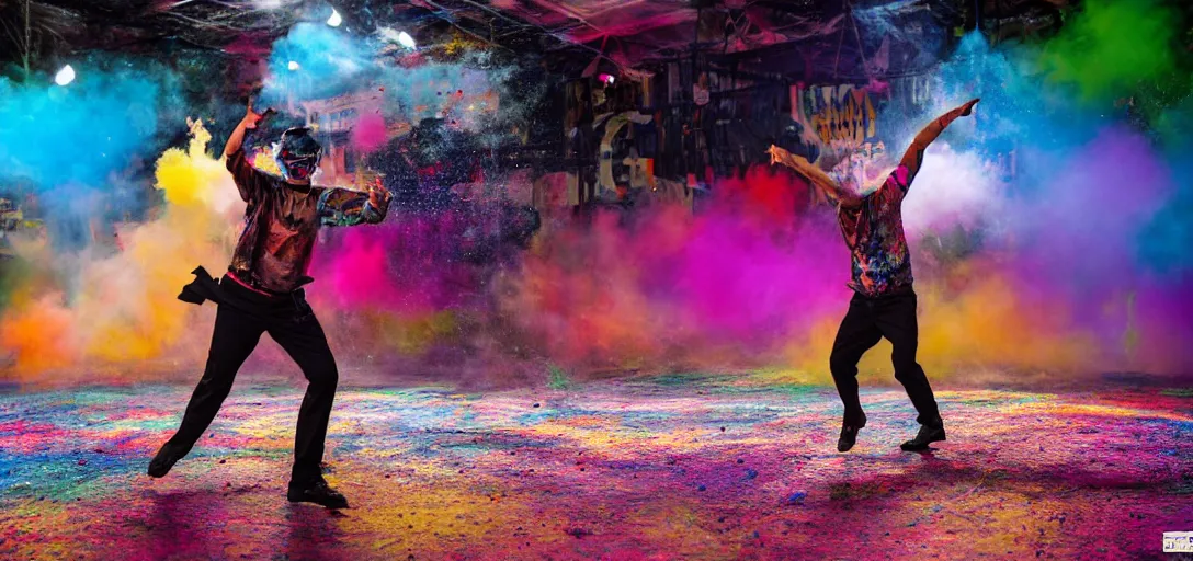 Prompt: a man dancing in the middle of a paintball arena, smoke, colorful, lights, night, uhd, 8k photo,