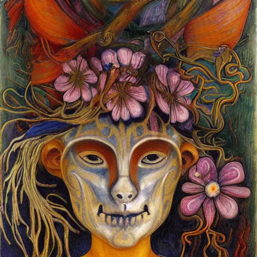 Prompt: masterpiece painting of a facemask made of flowers, by annie swynnerton and jean delville and tino rodriguez and diego rivera and adolf wolfli, flower mask, flower shaman, spooky dark psychedelic, art brut, symbolist, dramatic lighting, god rays, elaborate geometric ornament, clean crisp graphics, soft cool colors, smooth sharp focus, extremely detailed
