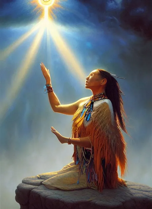 Prompt: a beautiful closeup portrait of an indigenous female shaman receiving particles of loving light energy, god rays, matte painting, designed by dr seuss and michal karcz, by christophe vacher
