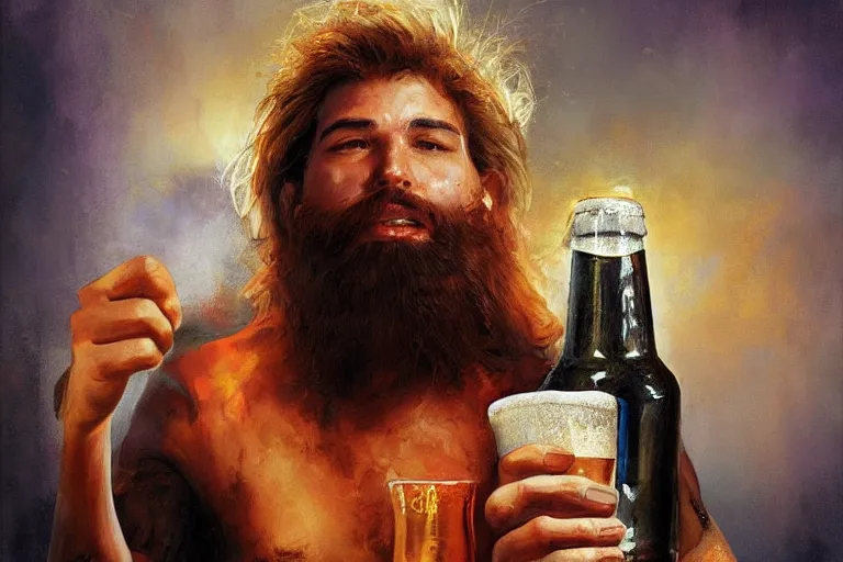 Prompt: a young man holding a beer giving a thumbs up with a long beard, 80s poster, detailed, uncropped, painted by Bastien Lecouffe-Deharme