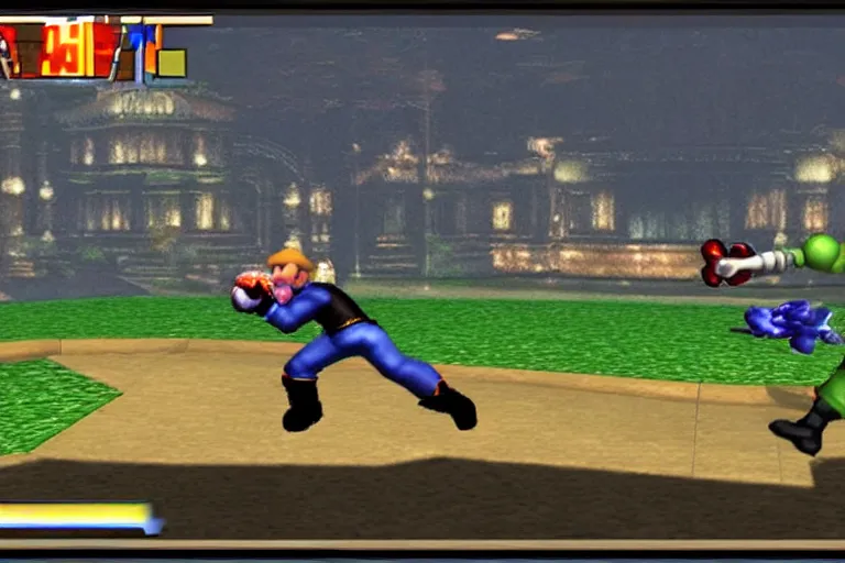 Image similar to videogame gameplay screenshot of super smash bros melee on nintendo gamecube, crt monitor