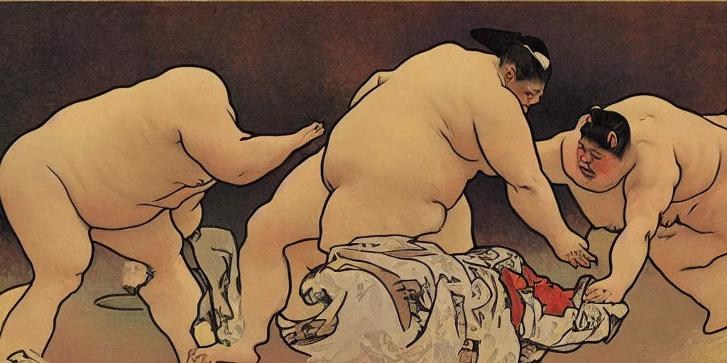 Image similar to sumo wrestling, Alphonse Mucha