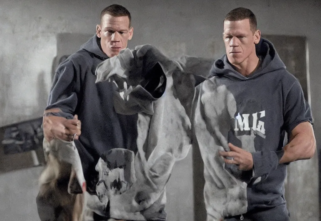 Image similar to john cena in a hoodie portraying marshall mathers in 8 mile.