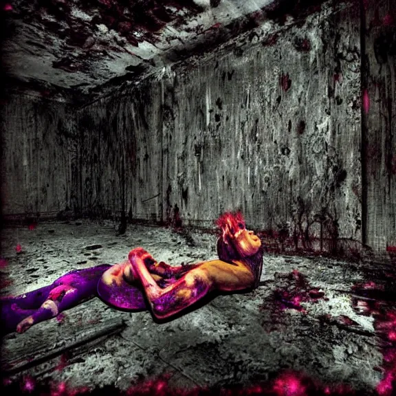 Image similar to a lost photo found showing the last horror, photograph by the best realistic horror movie artist, insanity girl summon her death, cinematic, acid deep bleeding colors!, horror details, horrorcore, silent decay coloring, vortex portal banish the elders, die and suffer, psychonaut universe, smoke pit nebulas, the scary empty liminal spaces, conjure devils