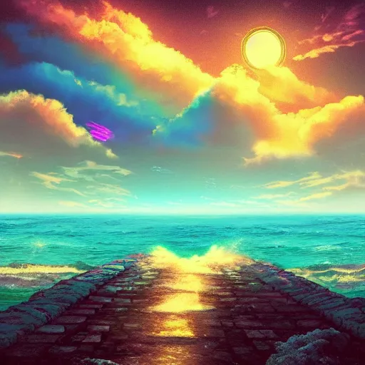 Prompt: a ancient pathway over the sea, vaporwave, retrowave epic art, trending on art station