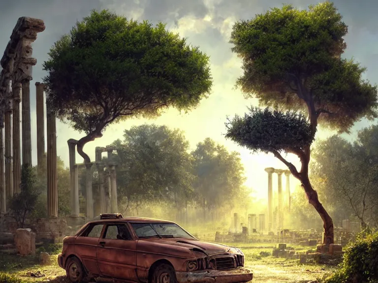 Prompt: a tree growing on a scrap car in ancient greek ruins, gray wasteland, many scrap cars, overgrown, pillars and arches, colorful flowers, vines, hyperrealistic, highly detailed, cinematic, ray of golden sunlight, beautiful, cgsociety, artstation, 8 k, oil painting by greg rutkowski, by artgerm, by wlop