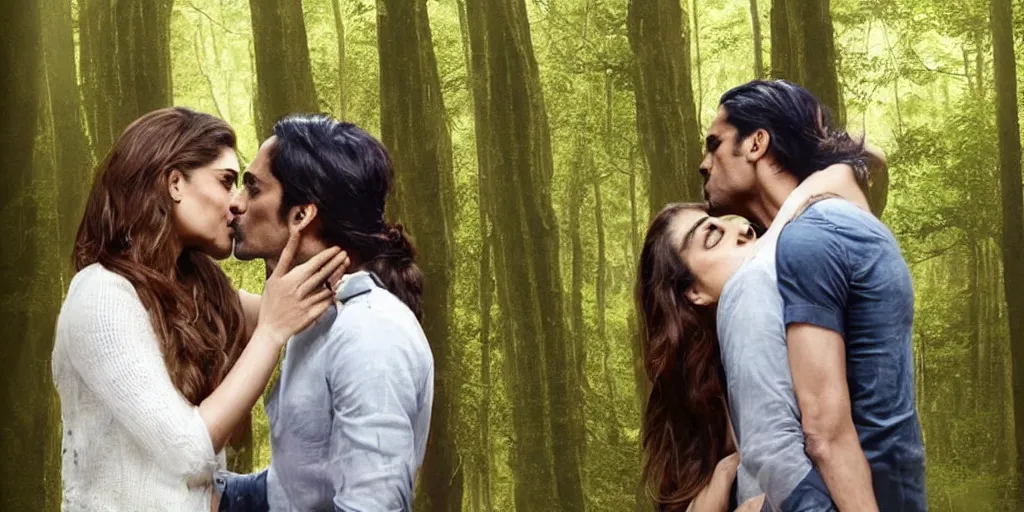 Prompt: kareena kapoor and arjun rampal kissing in a forest, natural lighting, hyper detailed, photographic, cinematic lighting, studio quality.