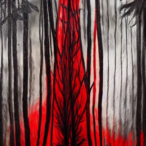 Prompt: a creature of your nightmares in a dark and twisted forest, horrifying, black and red colours, wispy fog, tall and ominous trees, accented paint strokes, detailed