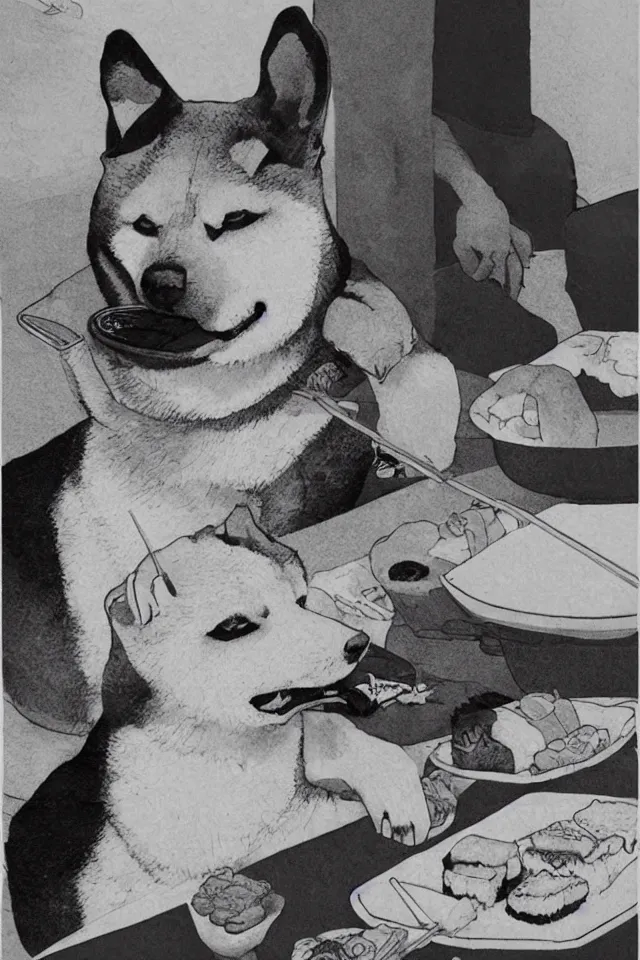 Image similar to a portrait of a shiba inu eating sushi, in the art style of katsuhiro otomo, realistic, highly detailed, b & w, 4 k