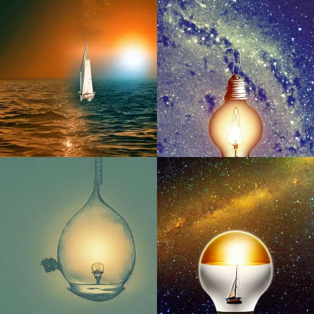 Prompt: a sailboat sailing in a lightbulb in the cosmic universe