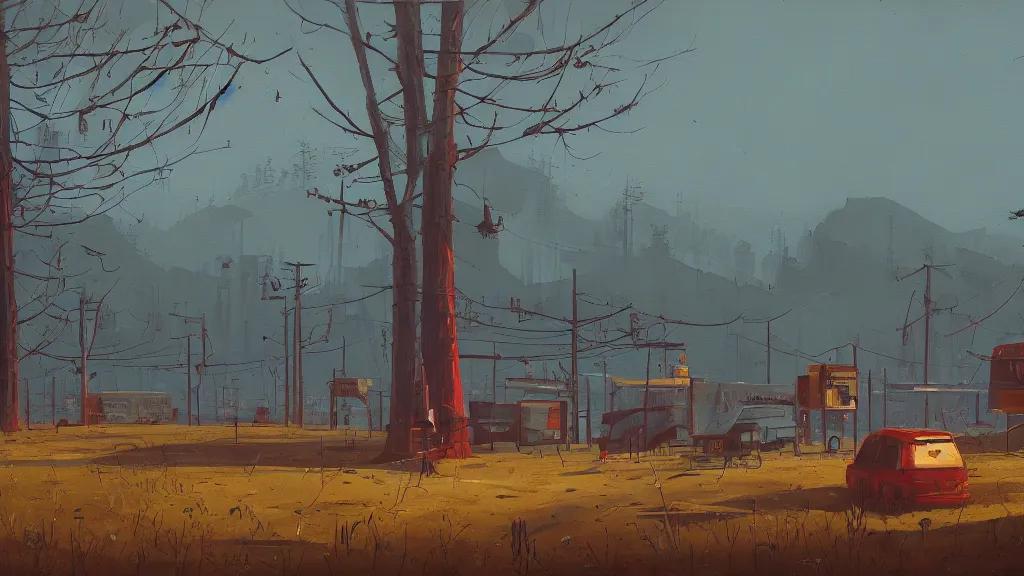 Image similar to a painting in the style of simon stalenhag.