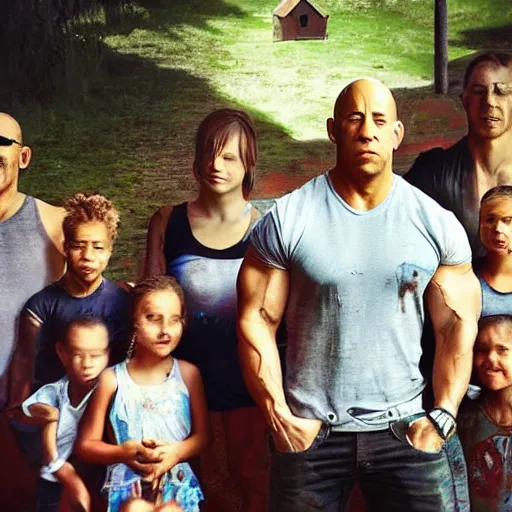 Image similar to closeup photo of vin diesel and his 6 children, sunny day, village house, pastoral, happy, cinematic, art by jan urschel and neil blevins