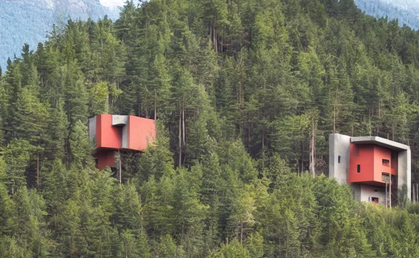 Prompt: colored pencil brutalist house on a secluded mountain with trees around