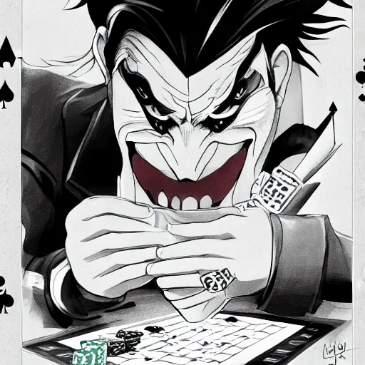 Prompt: joker playing poker with batman, studio ghibli, trending on artstation, high detalied,